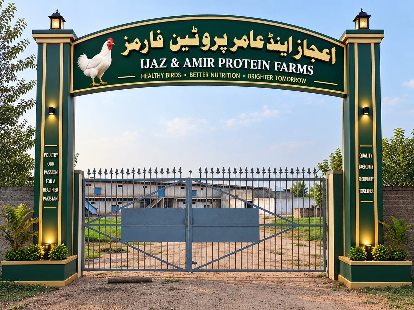 The Ijaz & Amir Protein Farms entrance gate, the landmark to look for when arriving at the farm